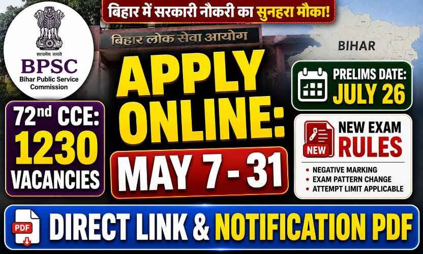 BPSC 72nd CCE Notification 2026 Out: 1,230 Vacancies, Apply Online Link and; Revised Exam Pattern