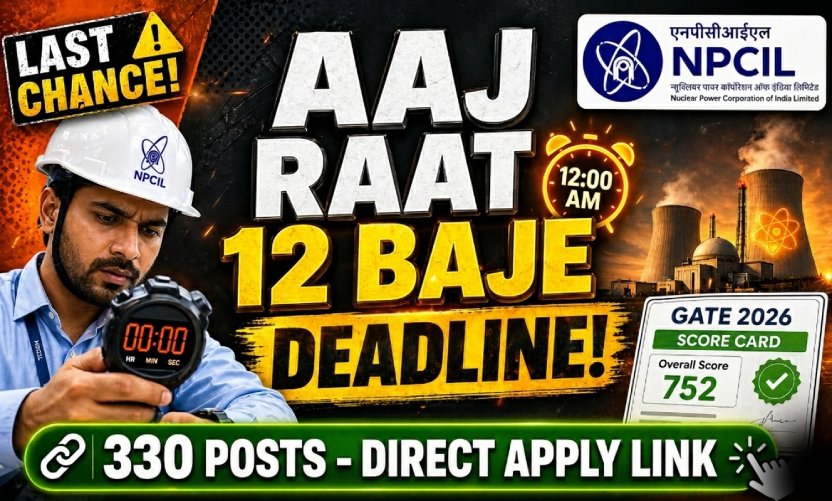 NPCIL ET Recruitment 2026: Aaj Raat 12 Baje Band Ho Jayega Portal, 330 Vacancies ke liye Turant Apply Karein!